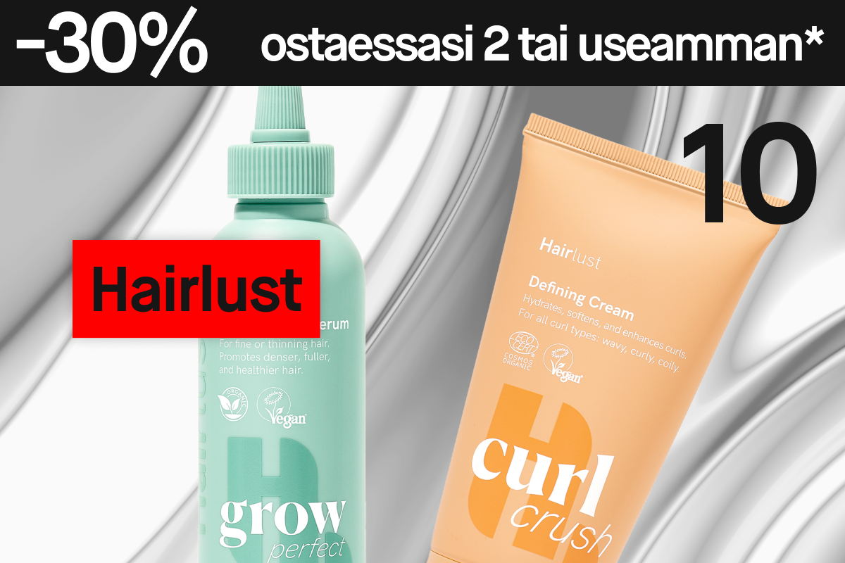 Kuva, joka näyttää vihreä pullo Hairlust Grow Perfect Serum ja oranssi pullo Hairlust Curl Crush Defining Cream. Tausta on harmaa valkoisilla yksityiskohdilla.