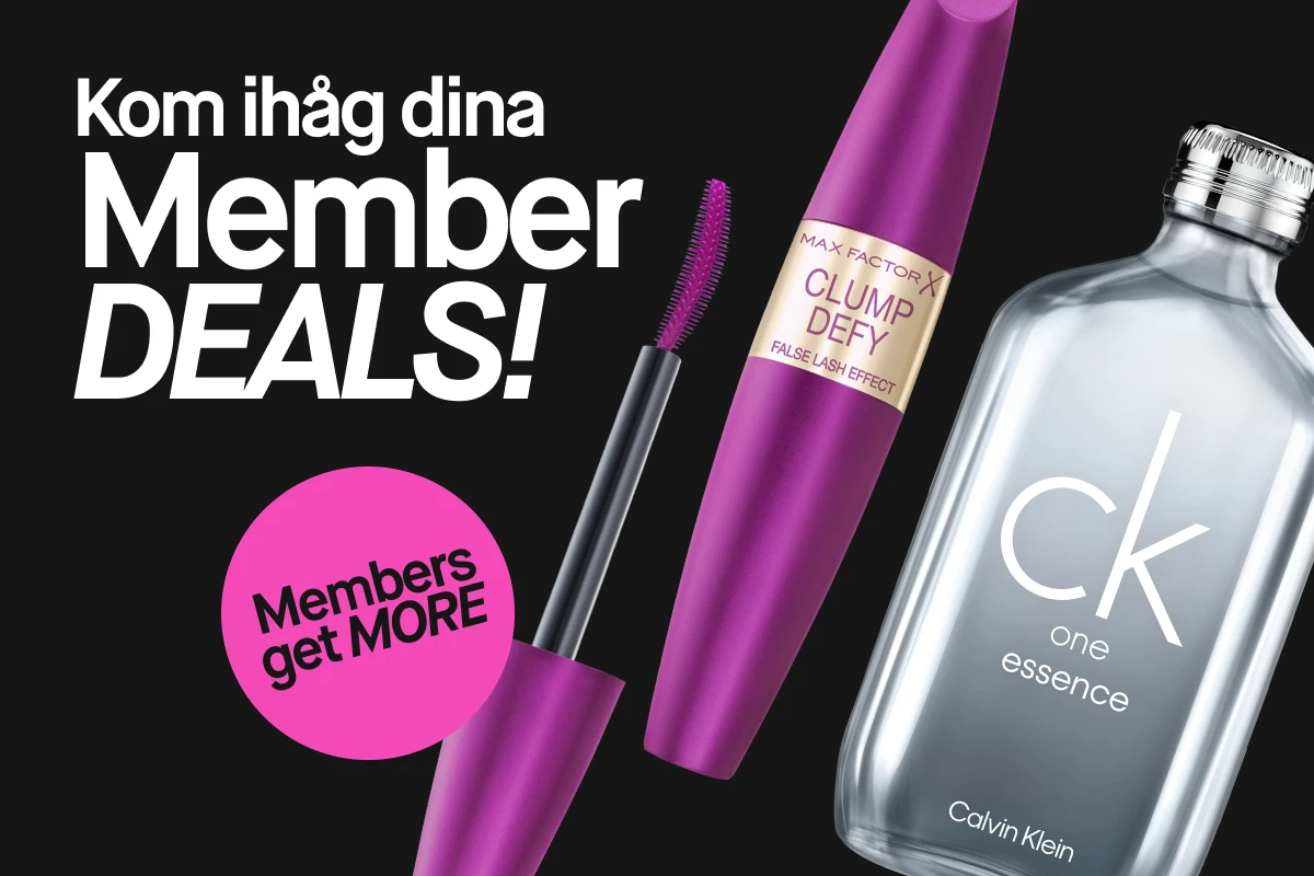 Kampanjbild med texten ”Kom ihåg dina Member DEALS!” och en rosa cirkel med ”Members get MORE”, tillsammans med Max Factor Clump Defy-mascara och en flaska ck one essence mot svart bakgrund.