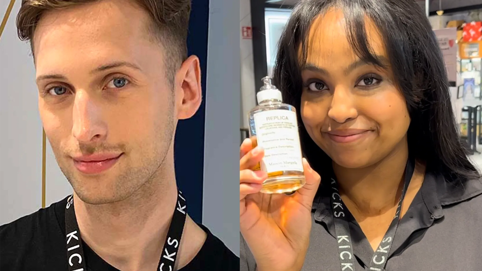 Två personer klädda i KICKS-uniformer. Den ena personen håller en flaska med parfymen "Replica" från Maison Margiela.
