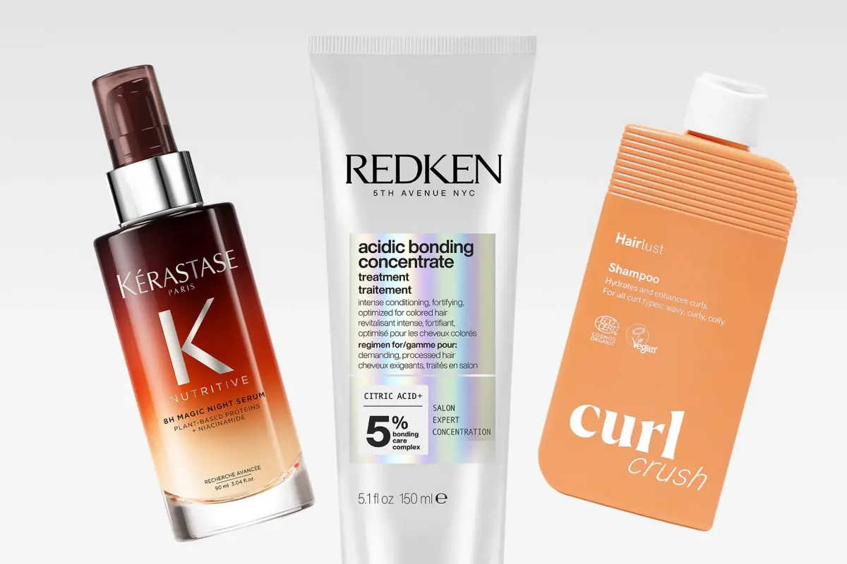 Tre hårprodukter: Kérastase Night Serum, Redken Bonding Treatment och Hairlust Curl Shampoo.
