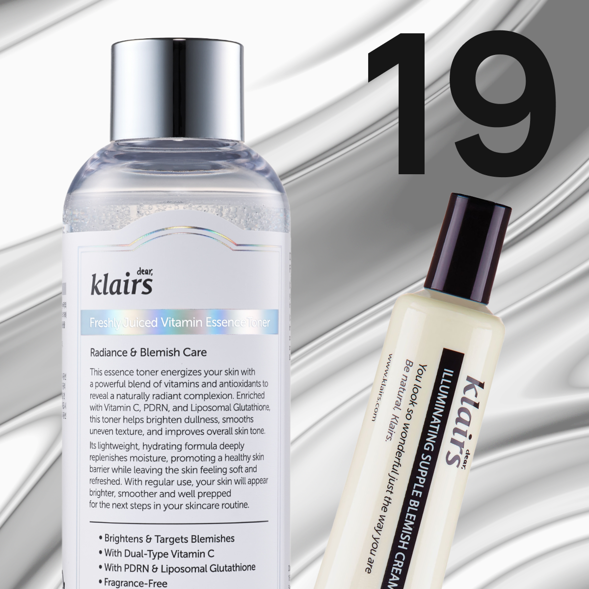 Klairs-toner ja BB-voide vaaleissa pakkauksissa metallisella taustalla.