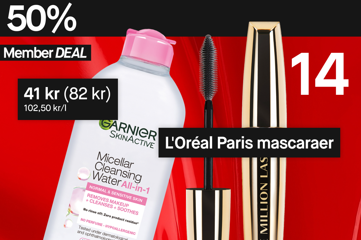 50 % rabatt på disse to produktene for medlemmer: Garnier Micellar Cleansing Water og L'Oréal Paris mascaraer.