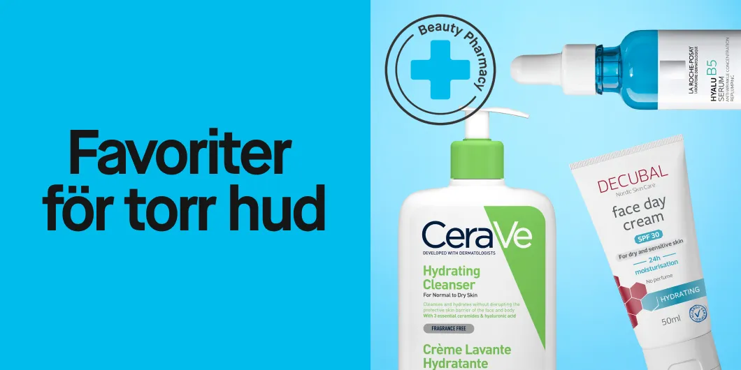 En bild som visar tre hudvårdsprodukter för torr hud. Produkterna inkluderar CeraVe Hydrating Cleanser, en stor flaska med grön pump, designad för att rengöra och återfukta normal till torr hud utan att störa hudens skyddsbarriär. Den innehåller ceramider och hyaluronsyra och är parfymfri. La Roche-Posay Hyalu B5 Serum, en blå flaska med pipett, är ett serum som innehåller hyaluronsyra och vitamin B5 för att återfukta och reparera huden. Decubal Face Day Cream SPF 30 är en vit tub med blå detaljer, en ansiktskräm för torr och känslig hud som ger 24 timmars återfuktning och innehåller solskyddsfaktor 30. Produkten är parfymfri. Bakgrunden är ljusblå och texten "Favoriter för torr hud" är skriven i svart.