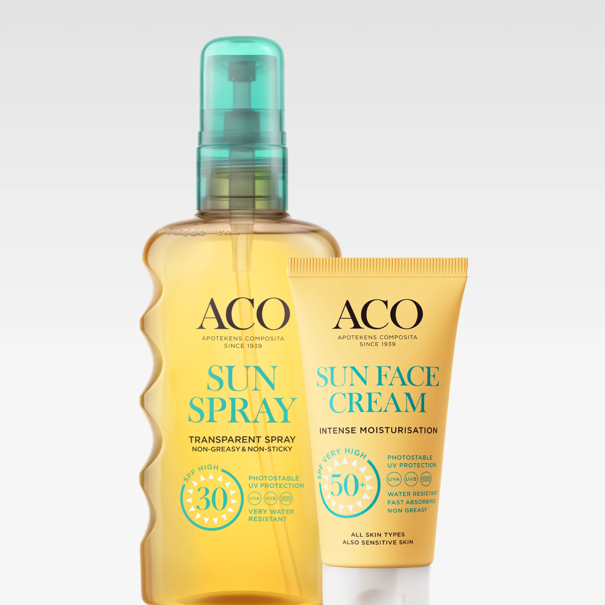 ACO Sun Spray SPF 30 Transparent Spray och ACO Sun Face Cream SPF 50 med texten “Apotekens Composita Since 1939”, “Transparent Spray Non-Greasy & Non-Sticky”, “Photostable UV Protection” och “All Skin Types Also Sensitive Skin”.