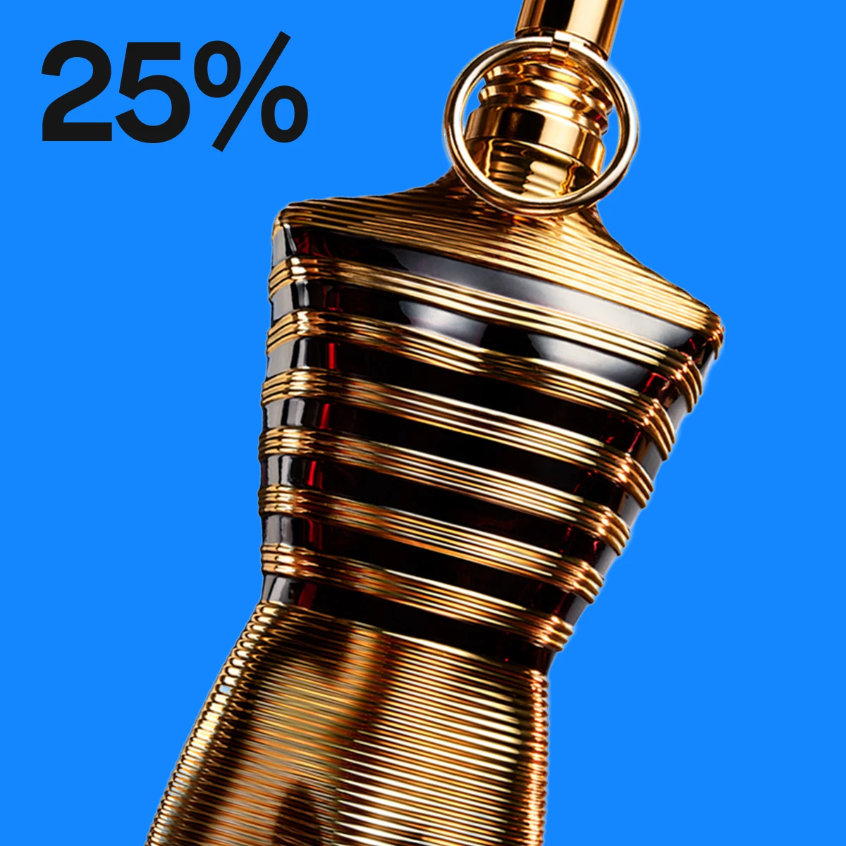 Jean Paul Gaultier parfymeflaske med teksten 20% rabatt, mot en blå bakgrunn.