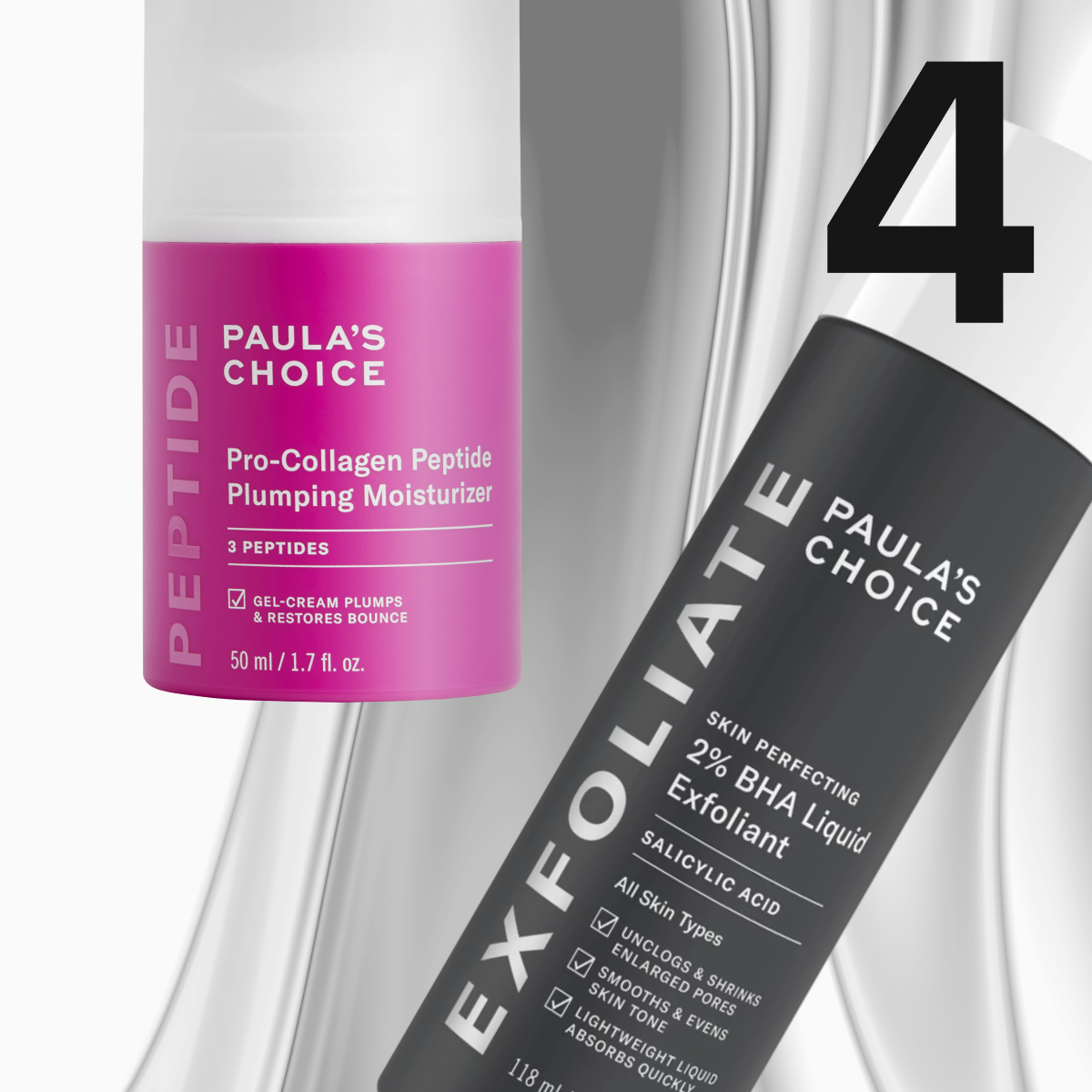 Två Paula’s Choice-hudvårdsprodukter mot en metallisk silverbakgrund – en svart exfolierande flaska och en rosa återfuktande kräm.