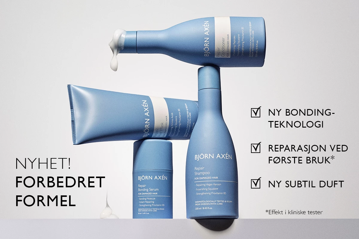 Til høyre står tre blå flasker med produktene «Repair Shampoo», «Repair Conditioner» og «Repair Bonding Serum» og en blå tube med «Repair Deep Conditioner». Teksten til høyre lister opp fordelene: «New Bonding Technology», «Repairs on first use*» og «New subtle fragrance». Bakgrunnen er hvit.