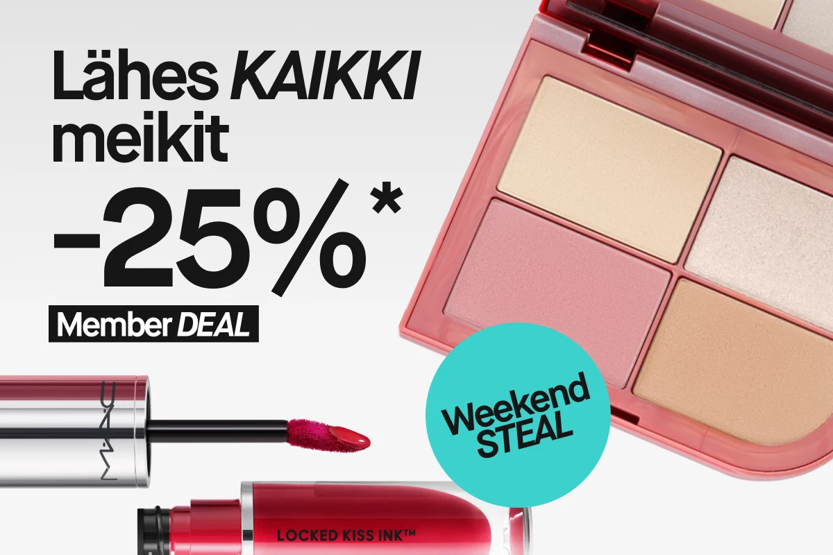 Kampanjakuva, jossa teksti ”Meikki 25 %* Member DEAL” ja turkoosi ympyrä ”Weekend STEAL”, sekä avoin poskipuna–korostuspaletti ja MAC Locked Kiss Ink -huuliväri.