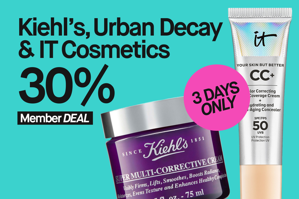 Bilde som viser en reklame for hudpleiemerkene Kiehl's og IT Cosmetics. Tilbudet er 30% rabatt for medlemmer. På bildet vises en lilla krukke med Kiehl's Super Multi-Corrective Cream og en sølv tube med IT Cosmetics CC+ Color Correcting Full Coverage Cream. Teksten "3 DAYS ONLY" er også synlig i en grønn sirkel mot en rosa bakgrunn.