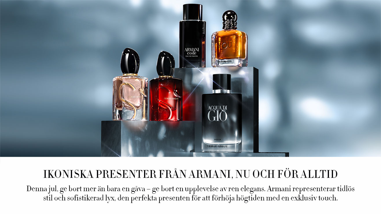 Armanis parfymer på podier mot lyxig och exklusiv bakgrund i grått och silver. Armani Sì, Code, Gio samt Stronger With You. Julklappar för honom och henne. TExkt_Med Armani skapar du oförglömliga minnen. Varje produkt är en hyllning till hantverk och skönhet, designad för att inspirera och förgylla. Låt julen bli ett uttryck för exceptionell smak.