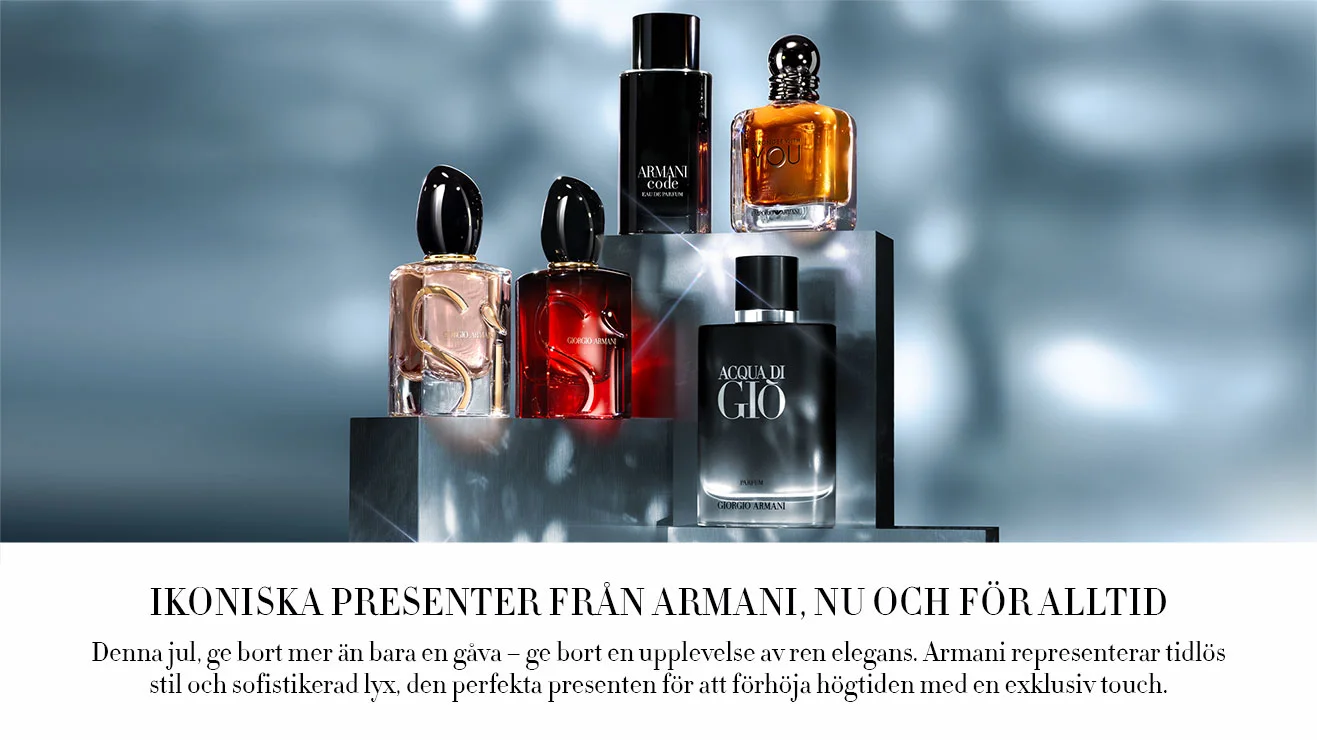 Armanis parfymer på podier mot lyxig och exklusiv bakgrund i grått och silver. Armani Sì, Code, Gio samt Stronger With You. Julklappar för honom och henne. TExkt_Med Armani skapar du oförglömliga minnen. Varje produkt är en hyllning till hantverk och skönhet, designad för att inspirera och förgylla. Låt julen bli ett uttryck för exceptionell smak.