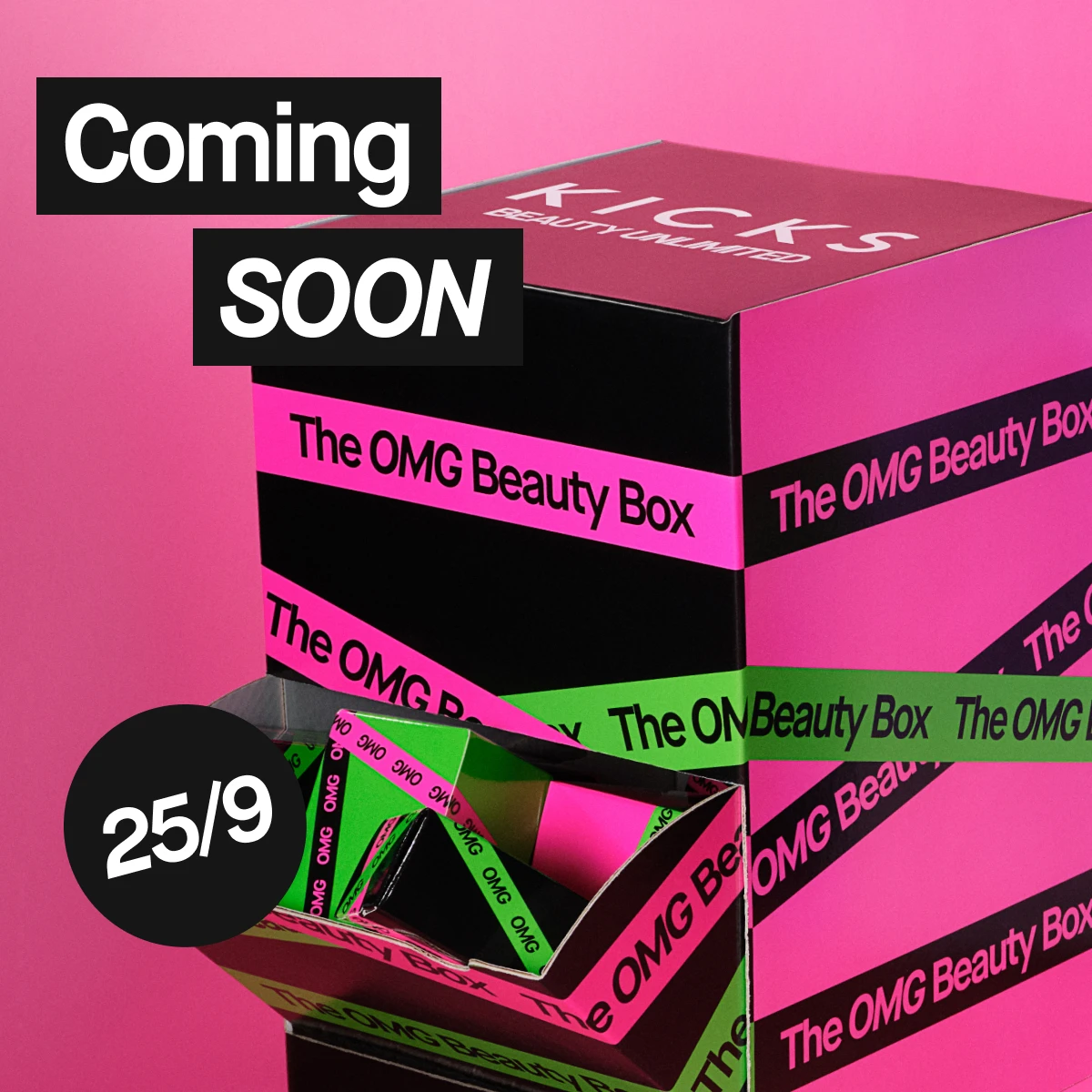 KICKS The OMG Beauty Box, svart med rosa och grön text, kommer snart den 25/9.