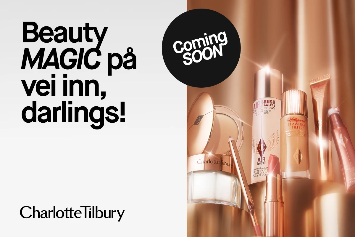 bestselgende produkter fra Charlotte tillbury med teksten: Beauty magic på vei inn, darlings og coming soon