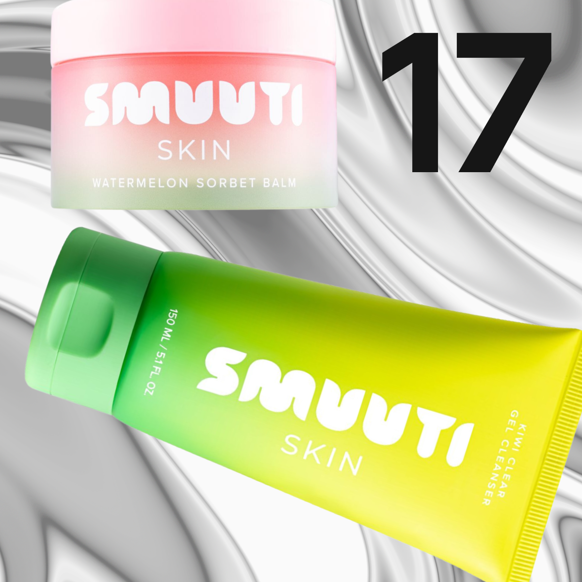 Smuuti Skin -ihonhoitotuotteet pinkeissä ja vihreissä pakkauksissa vaalealla taustalla.