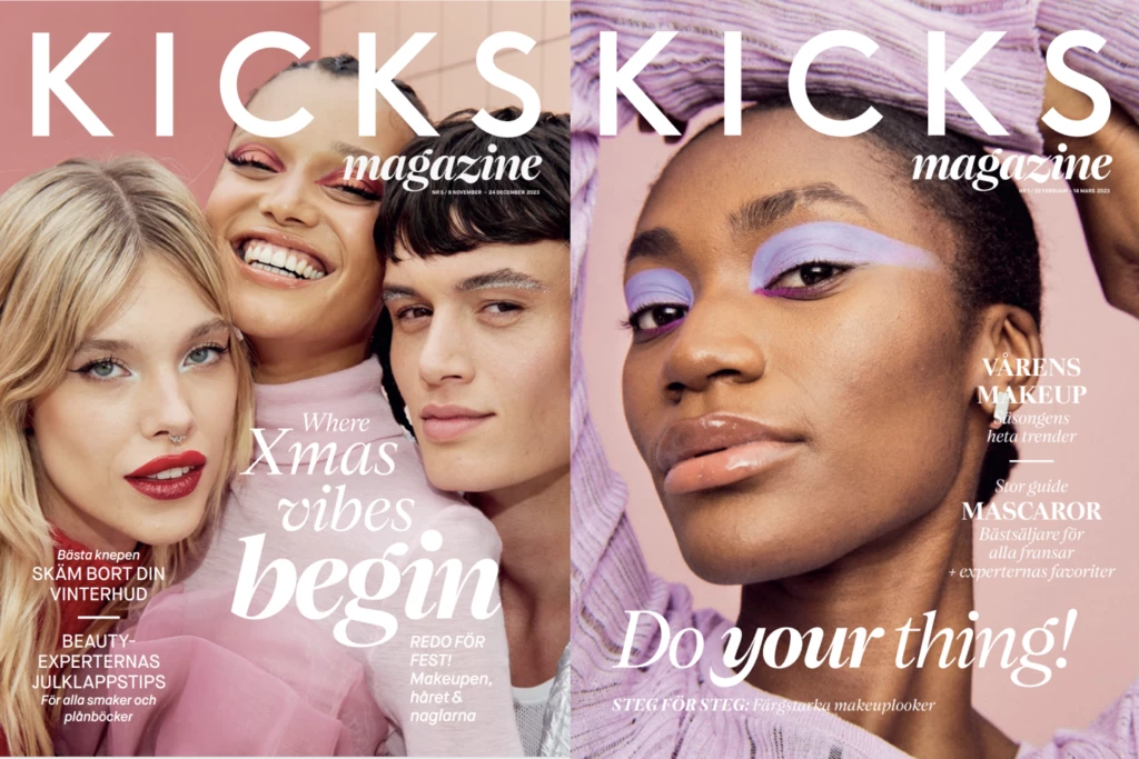 Kaksi KICKS-lehden kantta, joissa henkilöt esittelevät erilaisia meikkityylejä. Vasemmassa kannessa lukee "Where Xmas vibes begin" ja oikeassa kannessa lukee "Do your thing!".