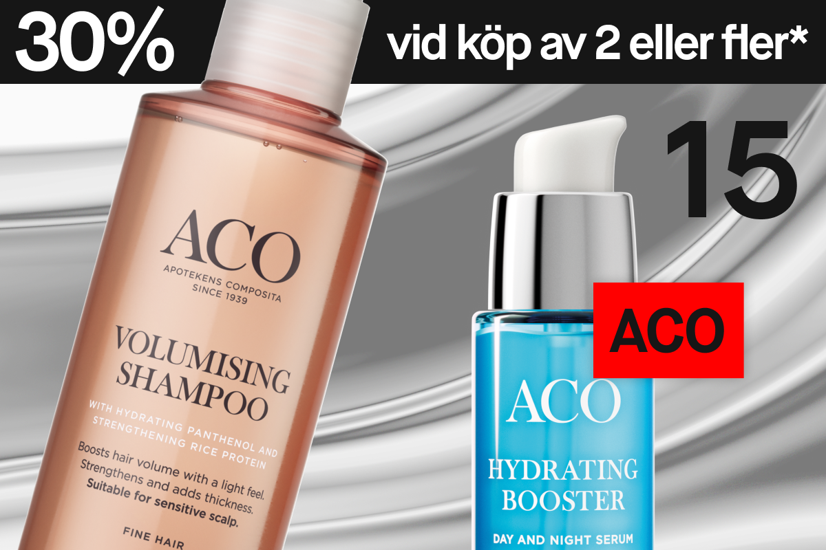 Hår- och hudvårdsprodukter från ACO – Volumising Shampoo och Hydrating Booster – visas mot silvertonad bakgrund med “30% vid köp av 2”.