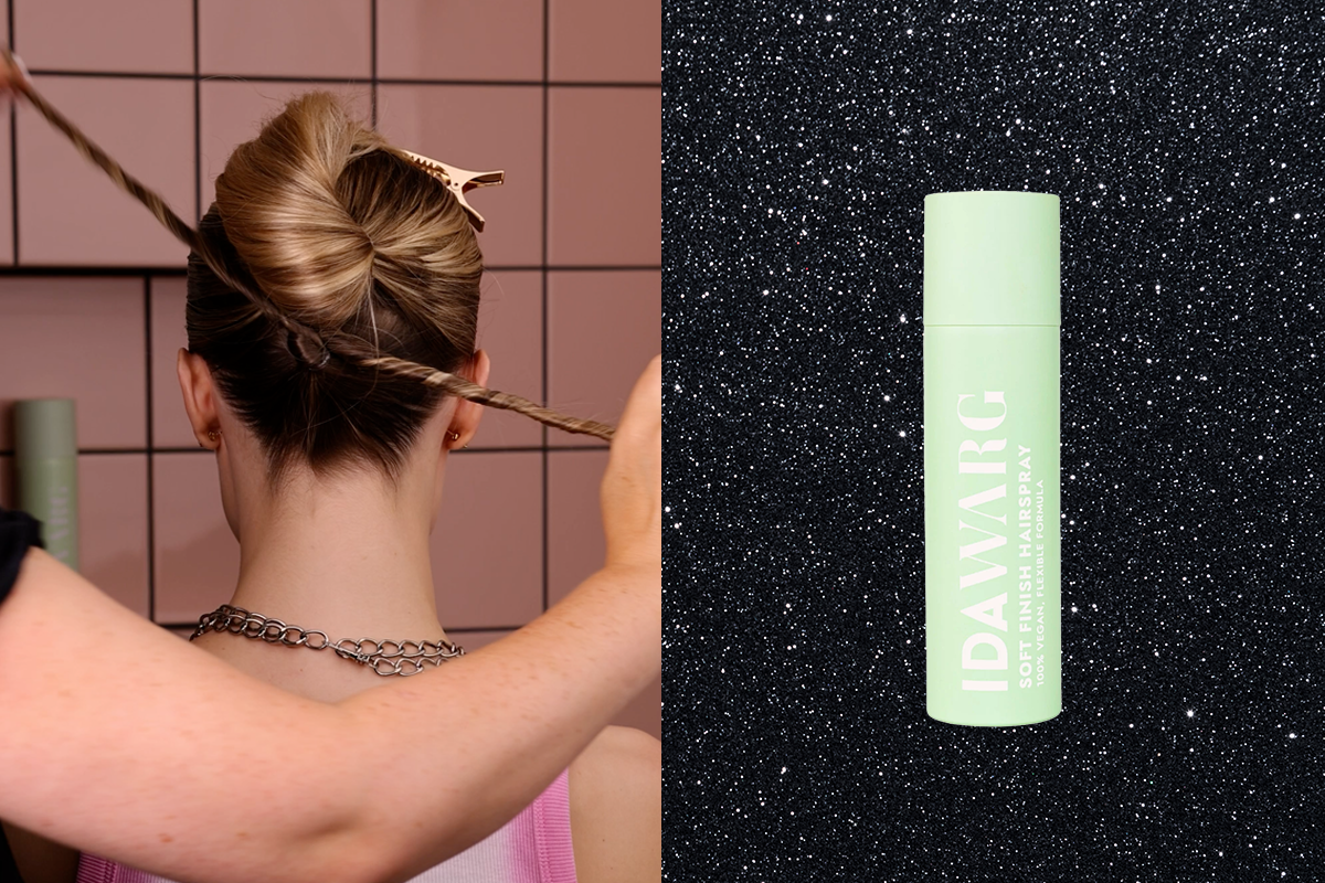 Hårstylingprocess med en sleek bun-frisyr och en ljusgrön flaska Ida Warg hårspray.