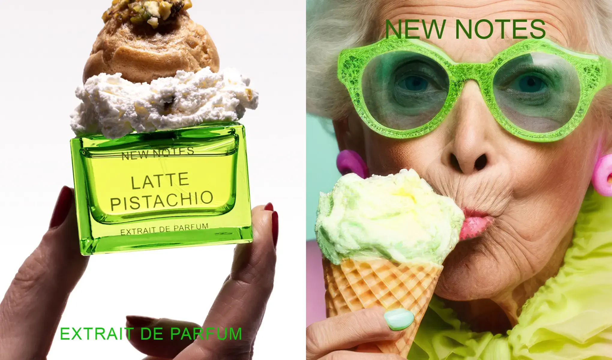 Grön Latte Pistachio-parfymflaska toppad med glass, samt en person med gröna glasögon som äter glass, med texten “New Notes”.