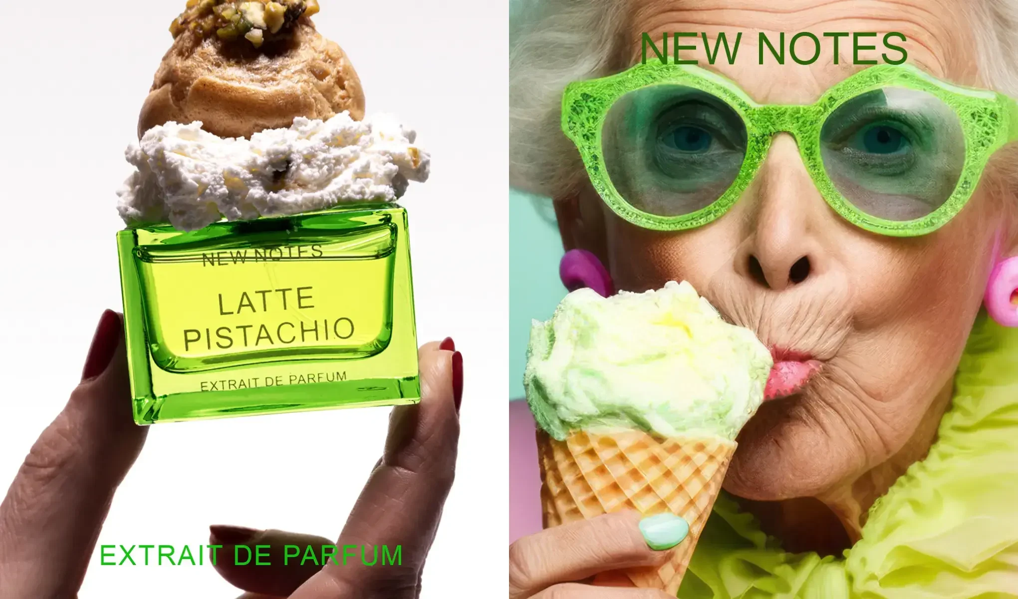 Grønn Latte Pistachio-parfymeflaske toppet med iskrem, samt en person med grønne briller som spiser iskrem, med teksten “New Notes”.