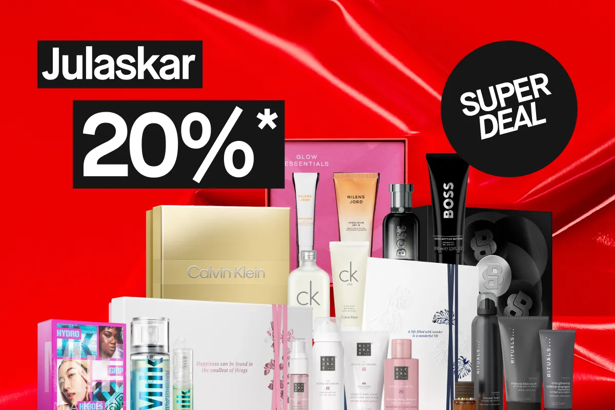 Julaskar och gåvoset från Rituals, Calvin Klein, Nilens Jord, Milk Makeup och Hugo Boss visas framför en röd bakgrund, tillsammans med texten ”Julaskar 20%” och en svart cirkel med ”SUPER DEAL”.