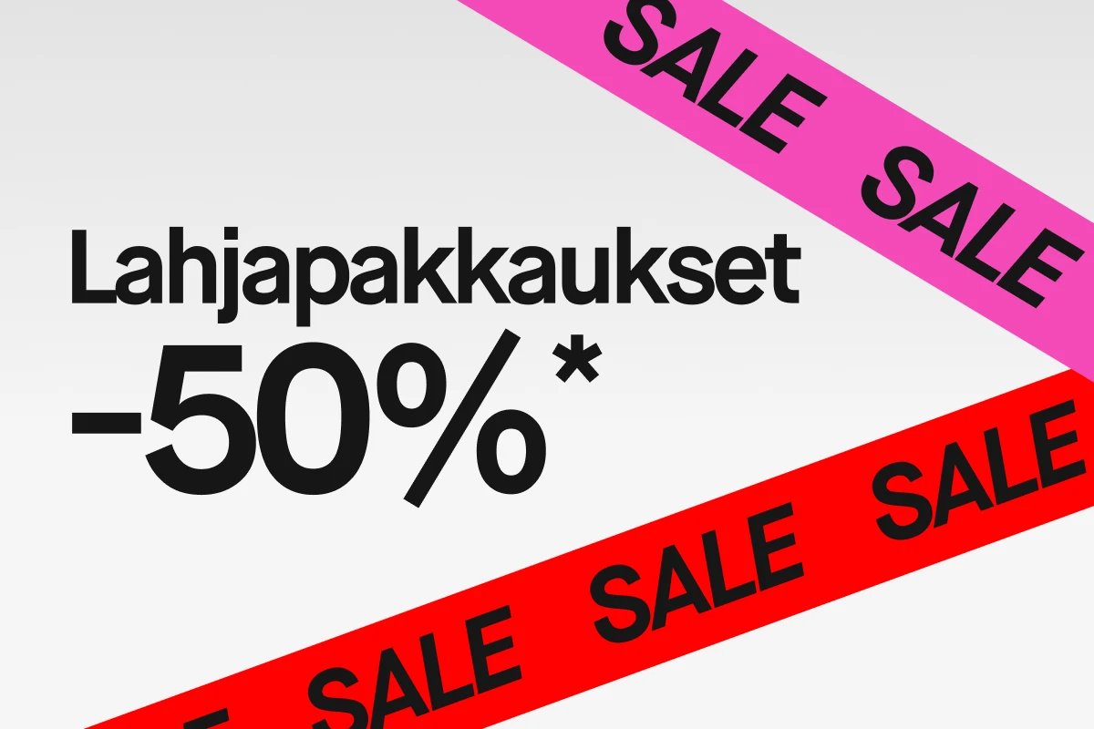 Graafinen kuva vaalealla taustalla, jossa suuri musta teksti ”Julaskar 50%*”. Kuvan yli kulkee kaksi viistoa nauhaa: vaaleanpunainen ja punainen nauha, joissa toistuu musta teksti ”SALE”.