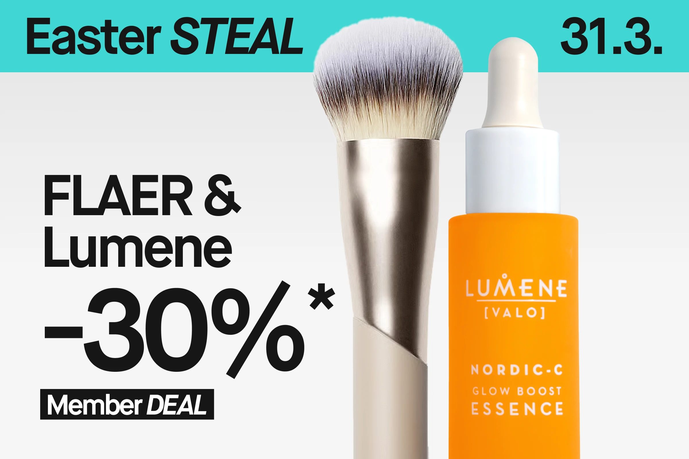 Banneri, jossa teksti “Easter STEAL 31/3” ja “FLAER & Lumene 30% Member Deal” sekä meikkisivellin ja Lumene Nordic-C Glow Boost Essence turkoosia ja vaaleaa taustaa vasten.