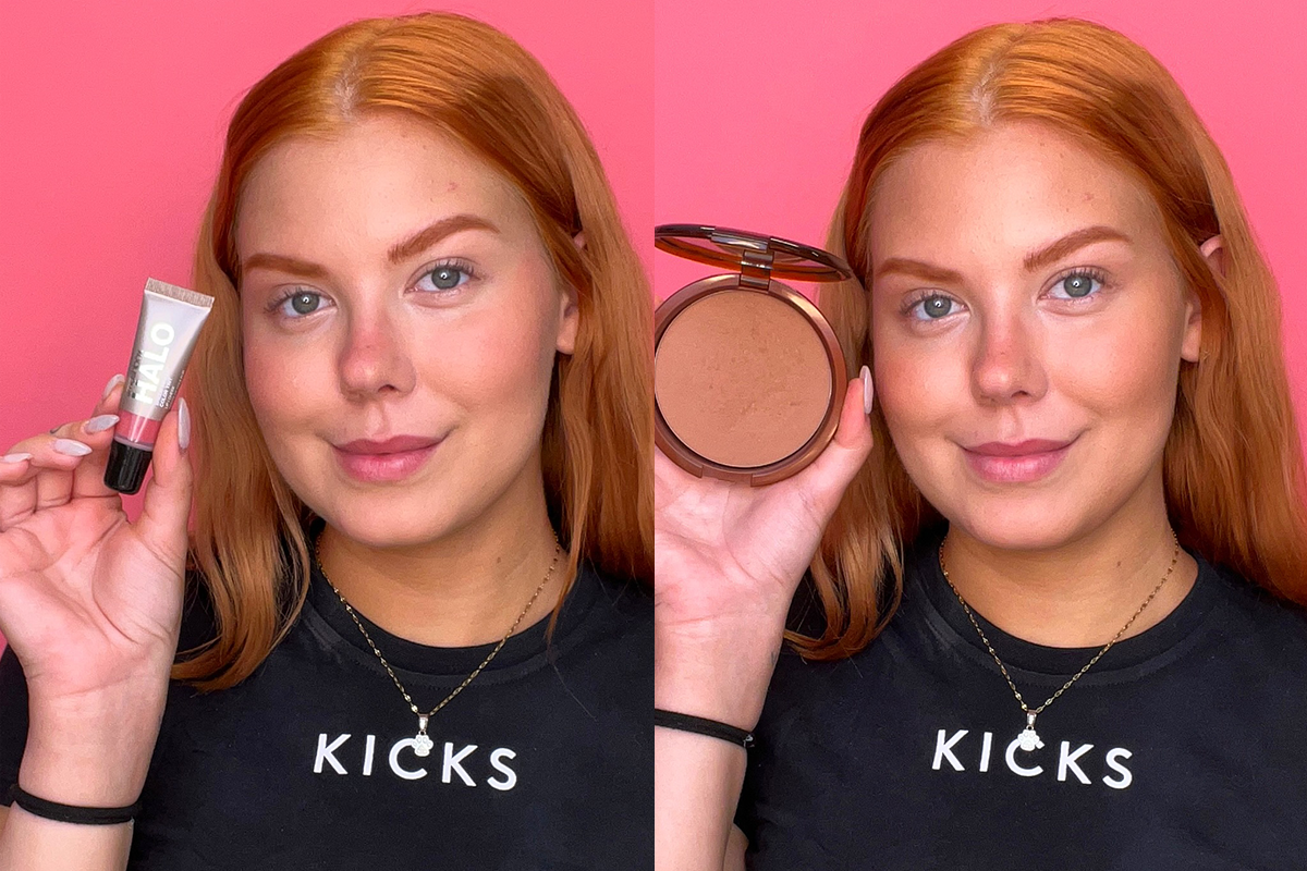KICKSin työntekijä esittelee kahta meikkituotetta – nestemäistä tuotetta MILK Makeupilta tuubissa vasemmassa kuvassa ja aurinkopuuteria kompaktissa rasiassa oikeassa kuvassa.