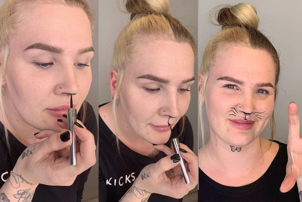 Tre bilder av en kvinne som har farget nesetippen svart, tegnet en strek under nesen med eyeliner og tegnet værhår på kinnene.
