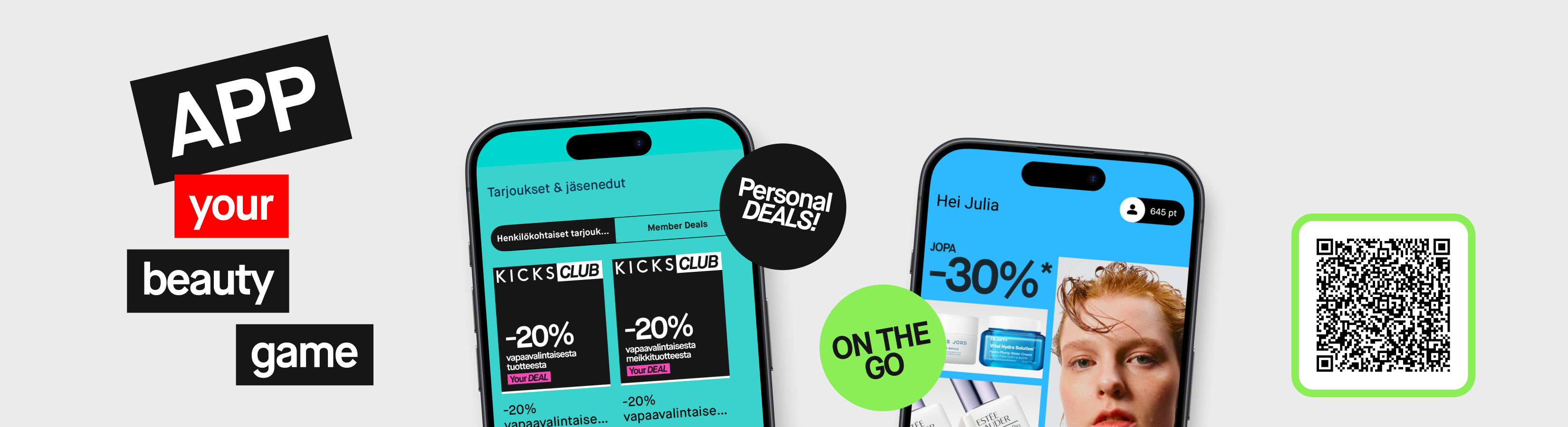 Kaksi puhelinta, joiden näytöillä näkyy KICKS-sovelluksen henkilökohtaisia tarjouksia ja Member Deals -etuja. Vieressä on QR-koodi sovellukseen.