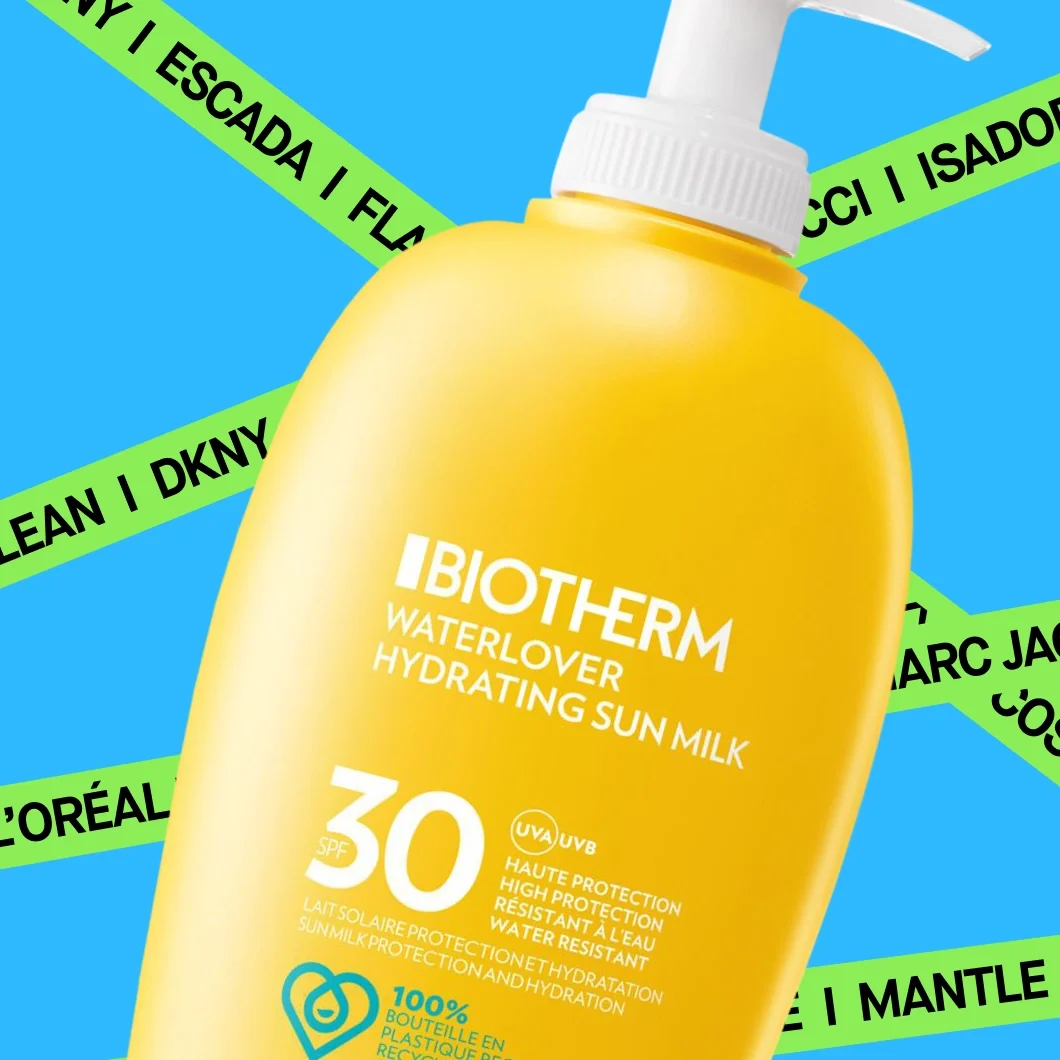 Biotherm Waterlover Hydrating Sun Milk SPF 30 i gul pumpflaska mot blå bakgrund med gröna band som visar varumärkena DKNY, Escada, Gucci, Isadora, L’Oréal, Marc Jacobs och Mantle. Synlig text på produkten inkluderar “BIOTHERM”, “WATERLOVER HYDRATING SUN MILK”, “SPF 30”, “UVA UVB”, “HIGH PROTECTION”, “WATER RESISTANT” och “100%”.