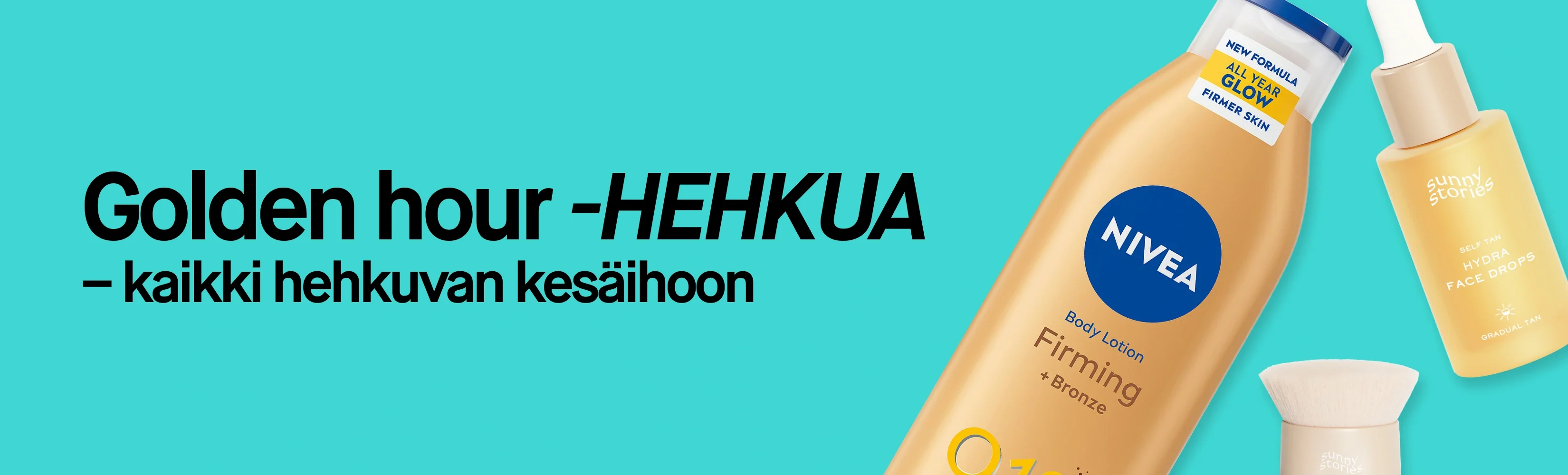 Kampanjakuva, jossa näkyy teksti "Golden hour GLOW – allt för solskyss hud". Kuvassa näkyvät Sunny Storiesin, NIVEAn ja Rudolph Caren tuotteet. Pakkauksissa näkyvät muun muassa tekstit "Hydra Face Drops", "NIVEA Body Lotion Firming + Bronze", "NEW FORMULA ALL YEAR GLOW FIRMER SKIN" ja "A Hint of Summer".