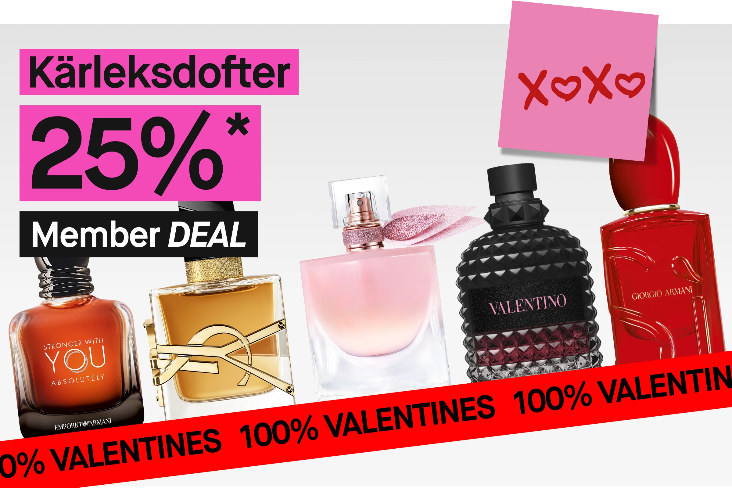 Flera parfymflaskor från Emporio Armani, Mugler, Yves Saint Laurent, Valentino och Giorgio Armani arrangerade diagonalt mot ljus bakgrund. En rosa kampanjruta med texten ”Kärleksdofter 25%” samt märkningen ”Member Deal” visas.