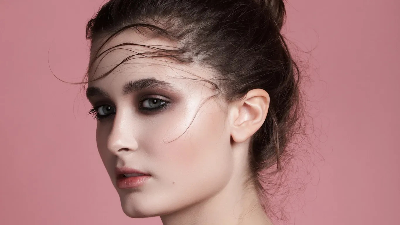 Kvinna med sotad ögonmakeup och löst uppsatt hår.