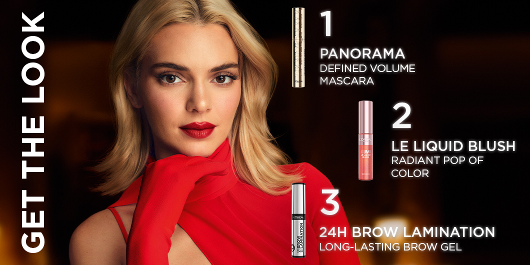 "Get the look"-annons med tre L'Oréal Paris-produkter och en modell.