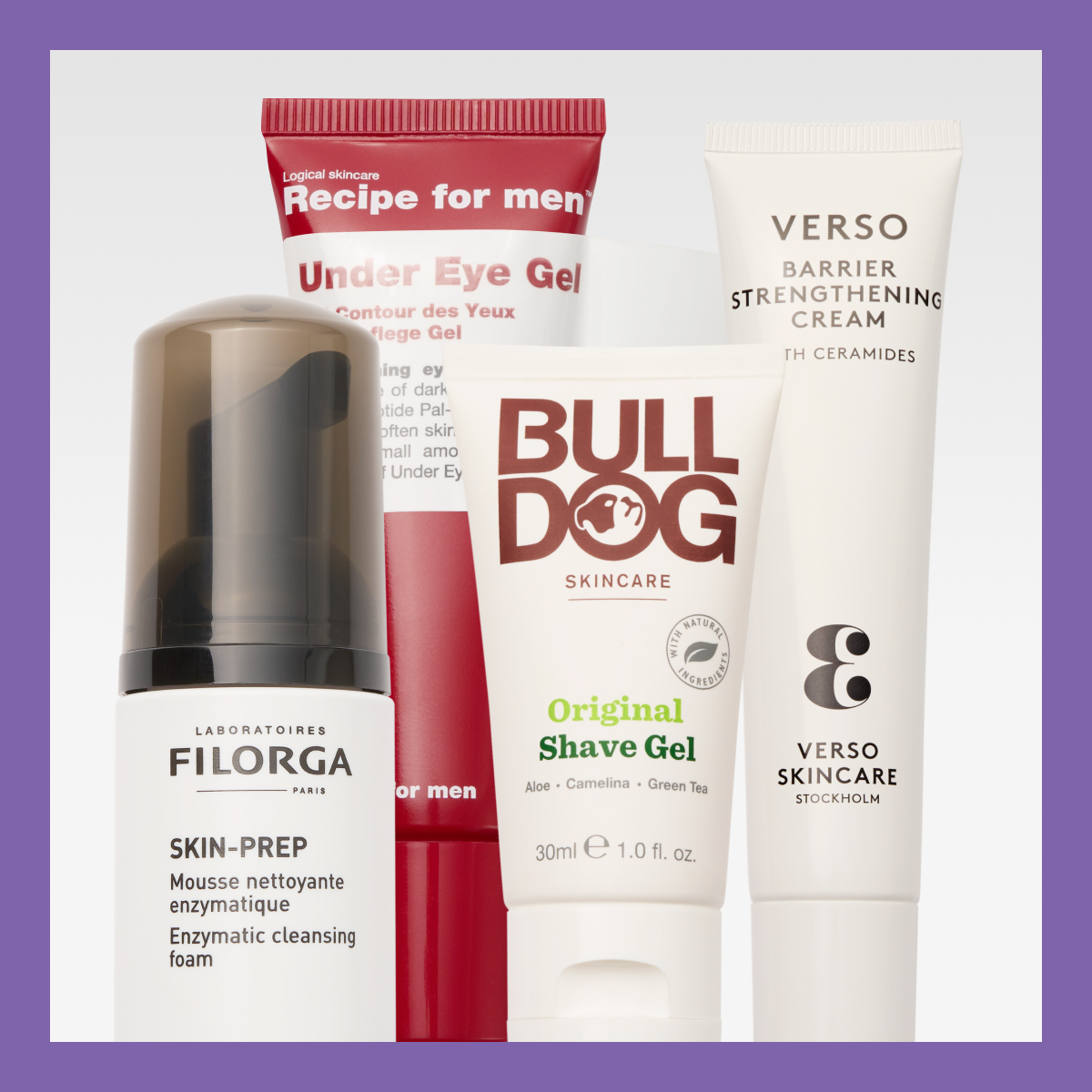 Fem hudvårdsprodukter: Filorga Skin-Prep rengöringsmousse, Recipe for men Under Eye Gel, Bulldog Original Shave Gel, och Verso Barrier Strengthening Cream. Bilden är omgiven av en lila ram.