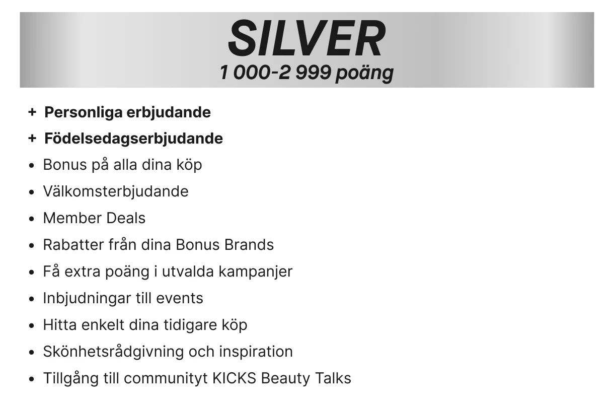 Översikt över medlemsnivåerna Member, Silver och Gold med poänggränser och tillhörande medlemsförmåner.
