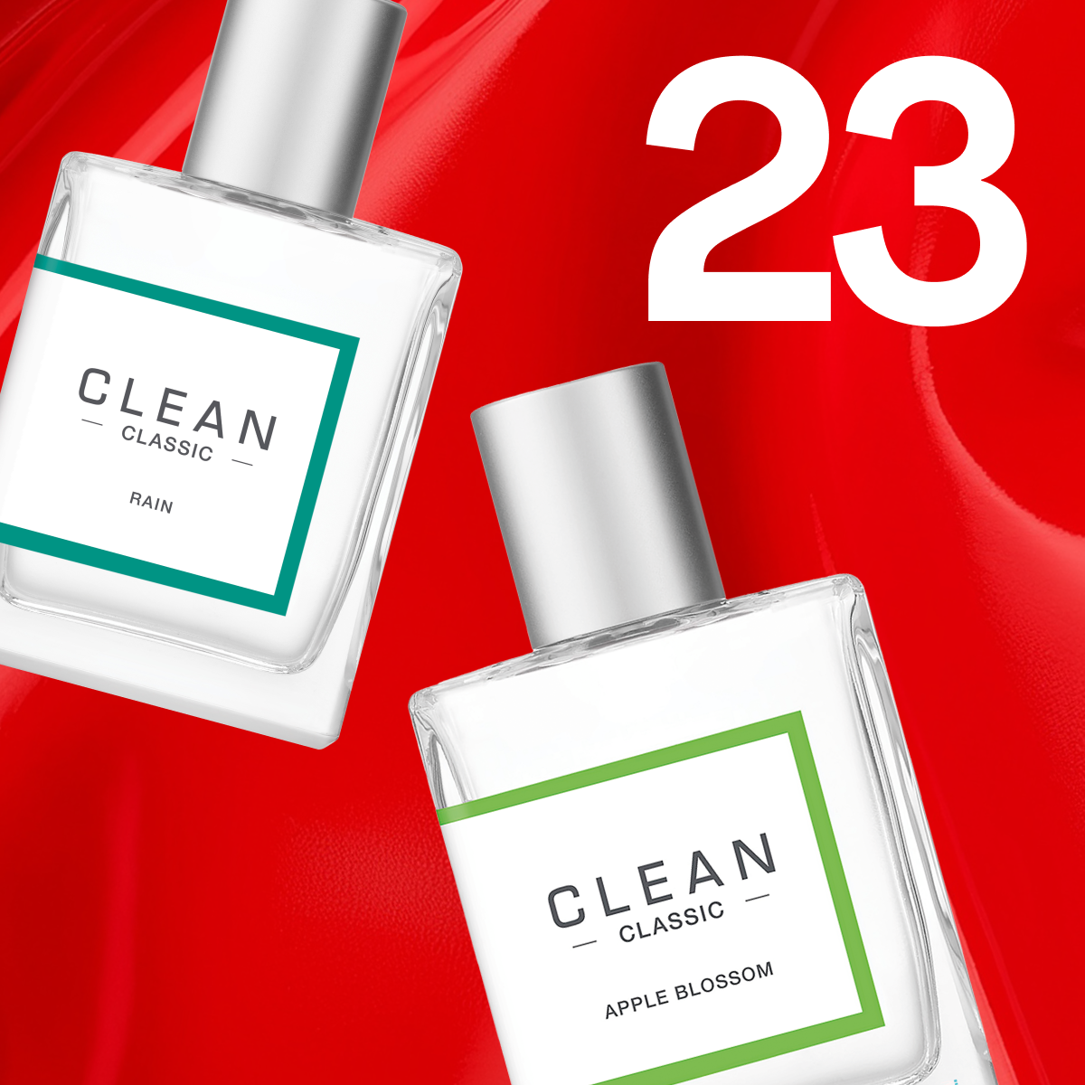 To CLEAN Classic-parfymer mot en blank rød bakgrunn, med tydelige prismarkeringer og medlemsrabatt som fremhever 40 % tilbud.