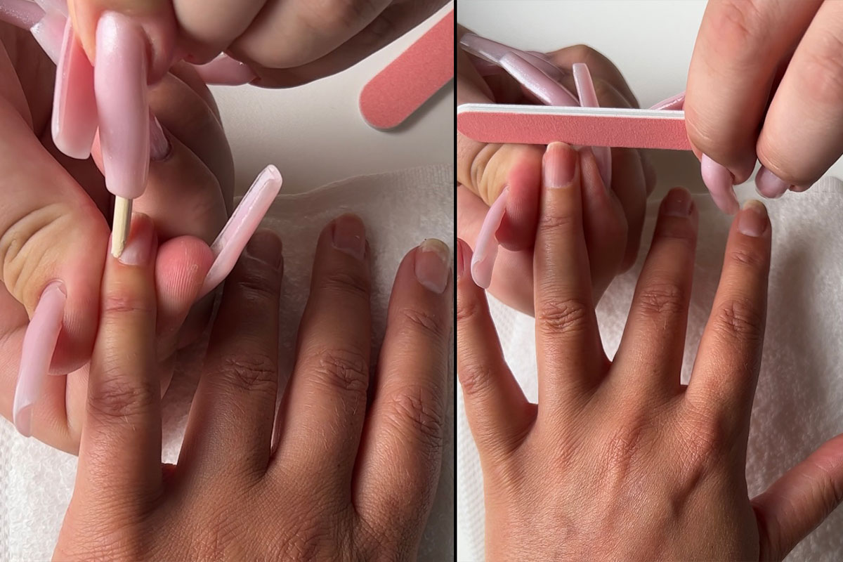 En bild med delad skärm som visar en person som trycker tillbaka nagelbanden till vänster och filar naglarna till höger.