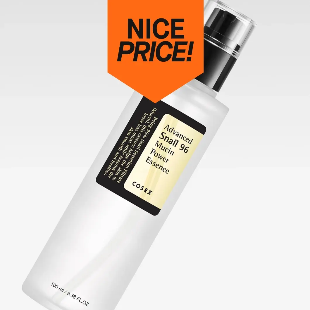 COSRX Advanced Snail 96 Mucin Power Essence ansiktsessens i flaska med orange Nice Price-märkning.