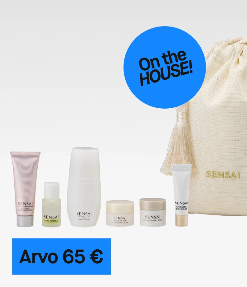 Sensai ihonhoitosetti, joka sisältää useita tuotteita, mukaan lukien Intensive Hand Treatment, Dual Essence, Absolute Silk Micro Mousse Treatment, Ultimate Cream, Melty Rich Eye Cream ja Refreshing Eye Essence, arvo 660 kr. Ilmaiseksi jäsenille.