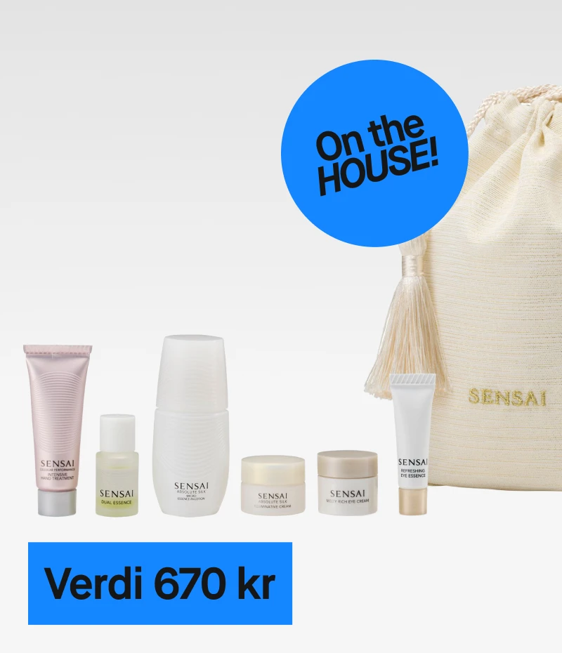 Sensai hudpleiesett med flere produkter, inkludert Intensive Hand Treatment, Dual Essence, Absolute Silk Micro Mousse Treatment, Ultimate Cream, Melty Rich Eye Cream og Refreshing Eye Essence, med en verdi av 660 kr. Gratis for medlemmer.