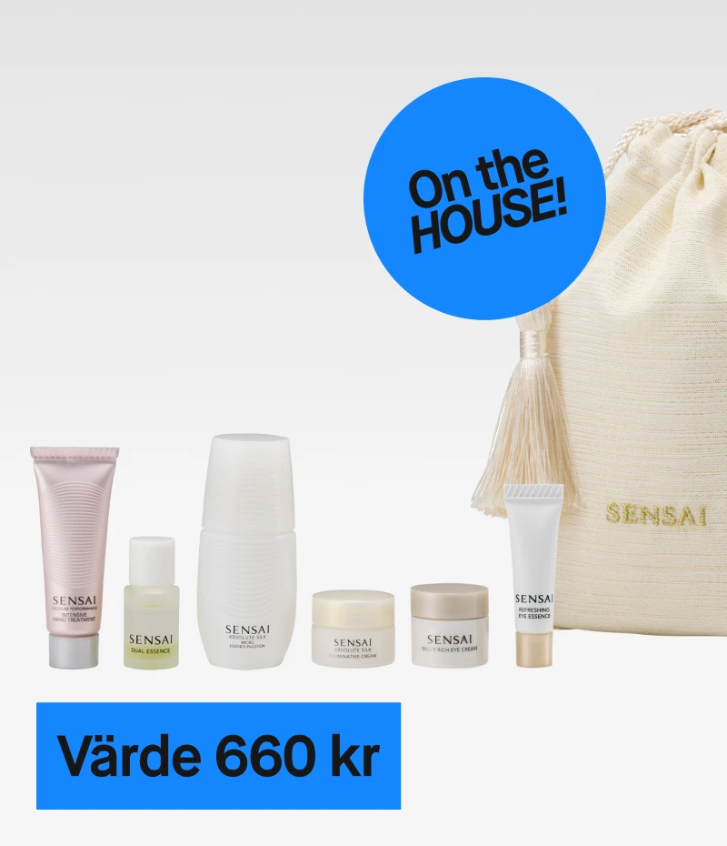 Sensai hudvårdsset med flera produkter, inklusive Intensive Hand Treatment, Dual Essence, Absolute Silk Micro Mousse Treatment, Ultimate Cream, Melty Rich Eye Cream och Refreshing Eye Essence, med ett värde av 660 kr. Gratis för medlemmar.