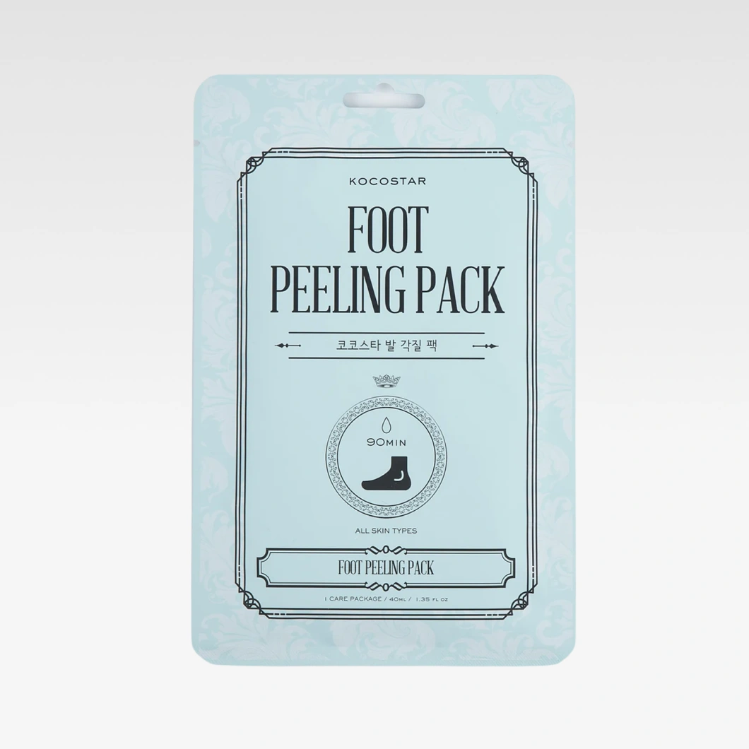 Vaaleansininen KOCOSTAR Foot Peeling Pack -jalkakuorintapakkaus koristeellisella kehyksellä ja mustalla typografialla. Tuotteessa näkyvät tekstit “FOOT PEELING PACK”,  “90MIN”, “ALL SKIN TYPES” ja “40ml / 1.35 fl.oz”.