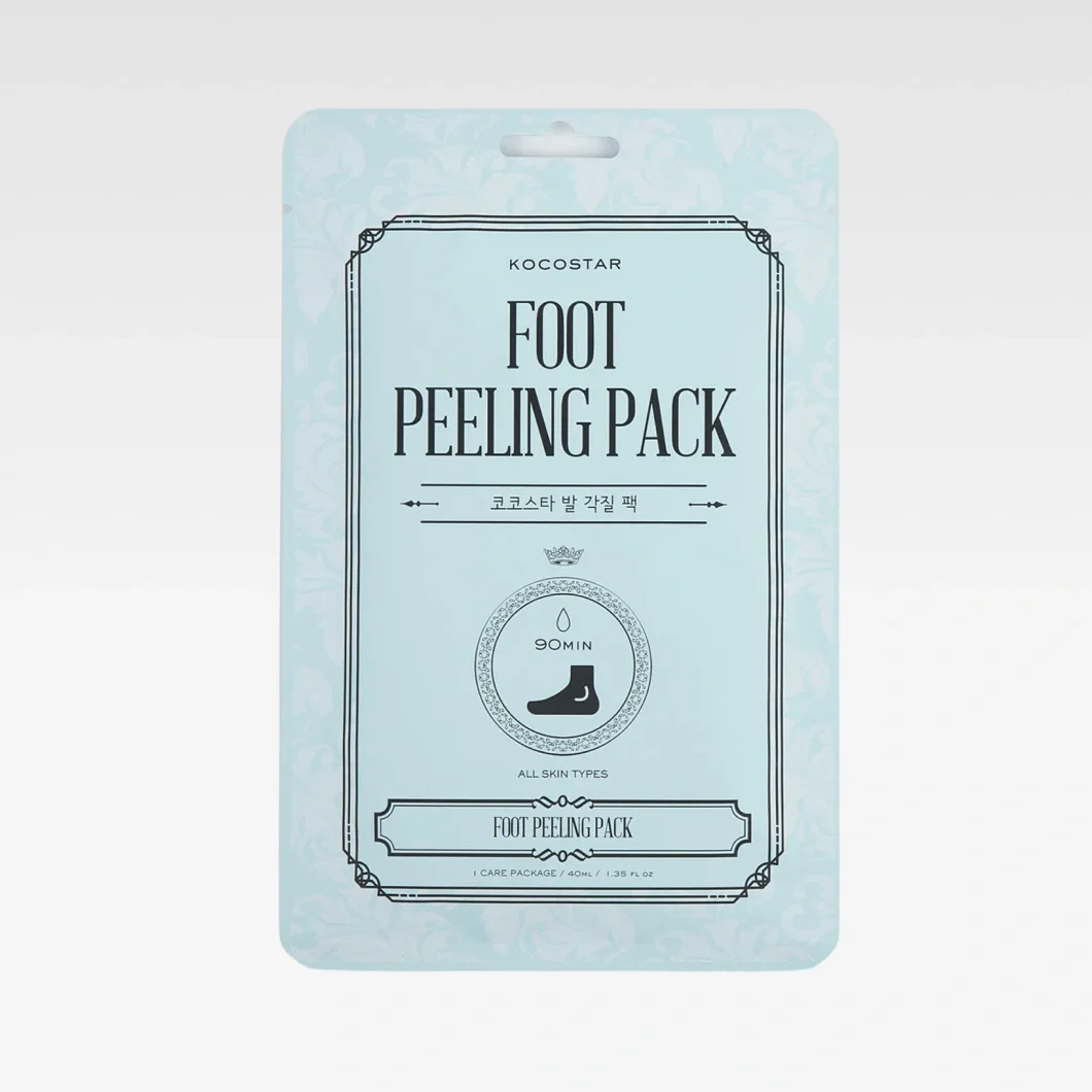 Vaaleansininen KOCOSTAR Foot Peeling Pack -jalkakuorintapakkaus koristeellisella kehyksellä ja mustalla typografialla. Tuotteessa näkyvät tekstit “FOOT PEELING PACK”, “90MIN”, “ALL SKIN TYPES” ja “40ml / 1.35 fl.oz”.