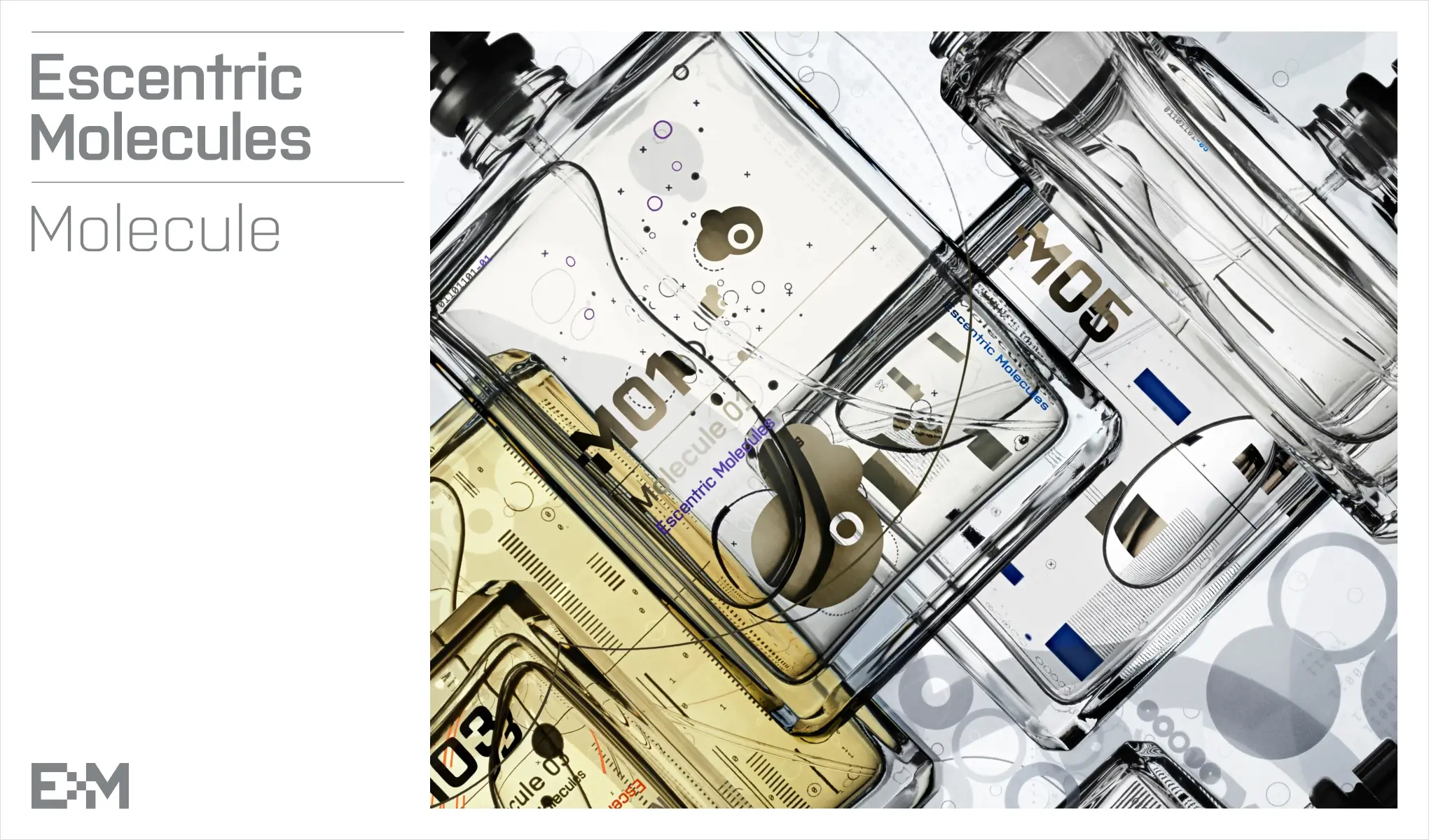 Useita Escentric Molecules -hajuvesipulloja, joissa vasemmalla teksti ”Escentric Molecules Molecule” ja vasemmalla alhaalla logo ”E+M”.