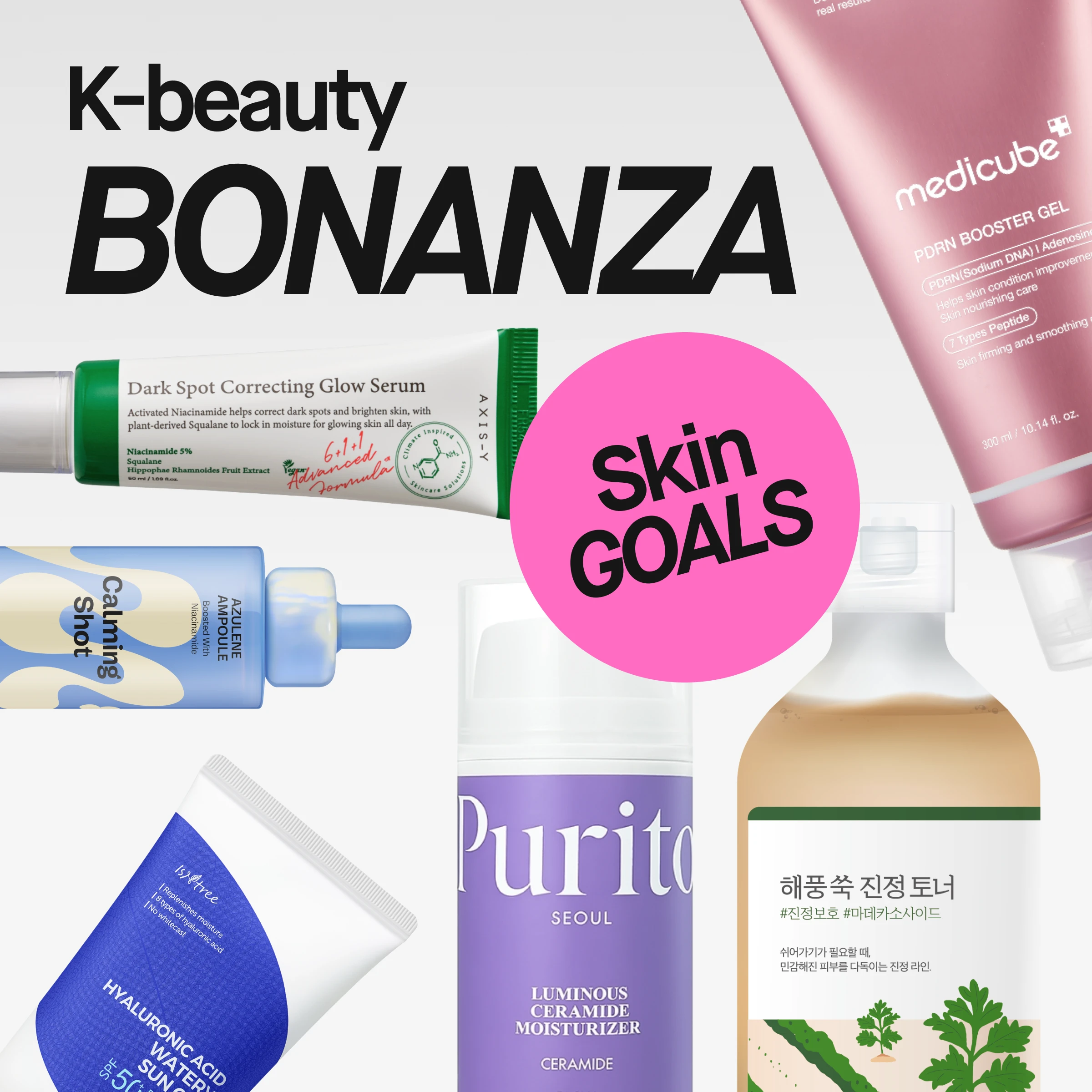 Kampanjbild med texten “K-beauty BONANZA” och en rosa cirkel med “Skin GOALS”. Flera hudvårdsprodukter visas, inklusive AXIS-Y “Dark Spot Correcting Glow Serum”, Purito Seoul “Luminous Ceramide Moisturizer” och Isntree “Hyaluronic Acid Watery Sun SPF 50+”.