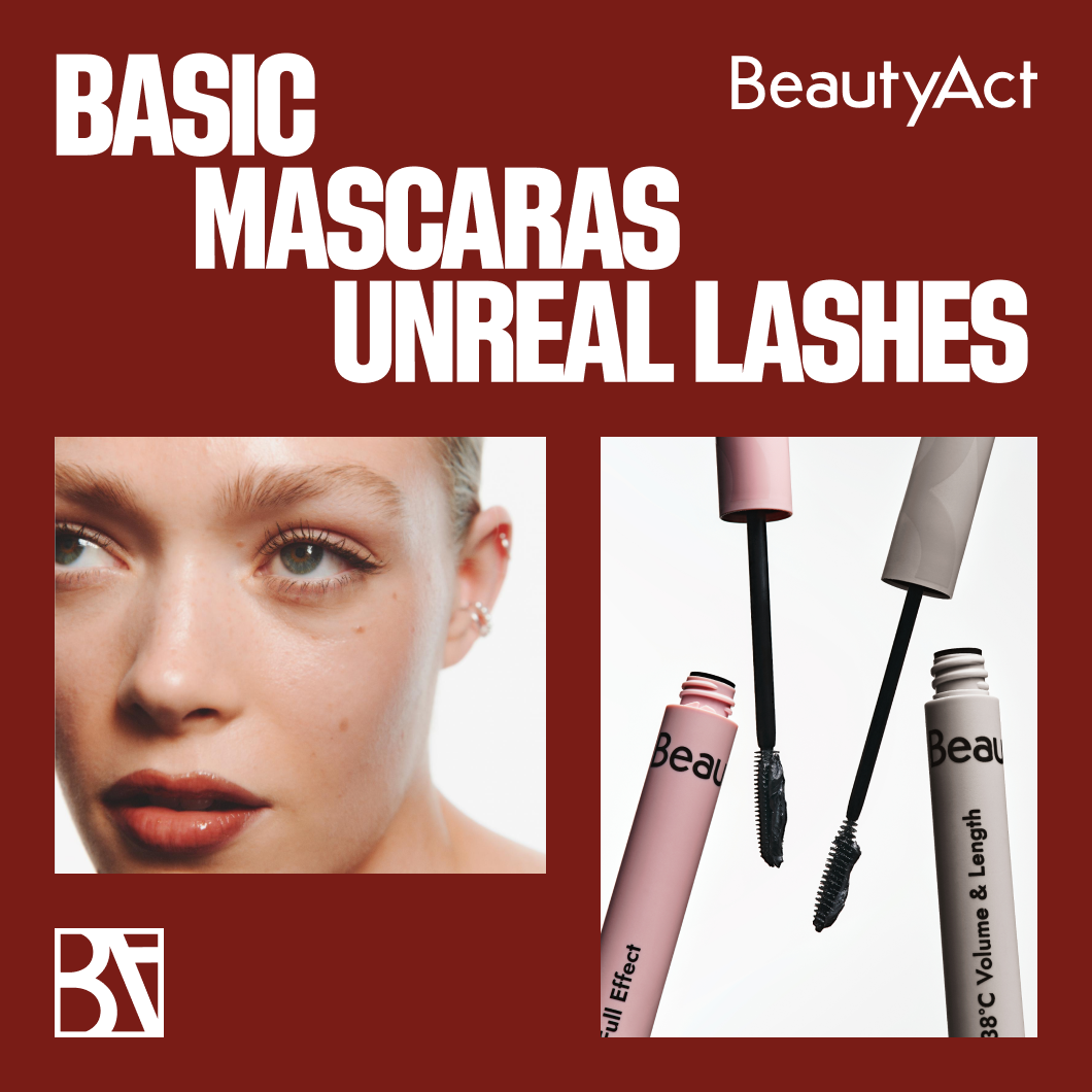 Graafinen kuva viininpunaisella taustalla ja teksti ”BASIC MASCARAS. UNREAL LASHES.” sekä BeautyAct-logo. Vasemmalla näkyy kaksi avointa ripsiväripakkausta ja erimuotoiset harjat. Oikealla näkyy kasvojen lähikuva, jossa korostetut ripset. Alaoikealla näkyy BeautyAct-logo.