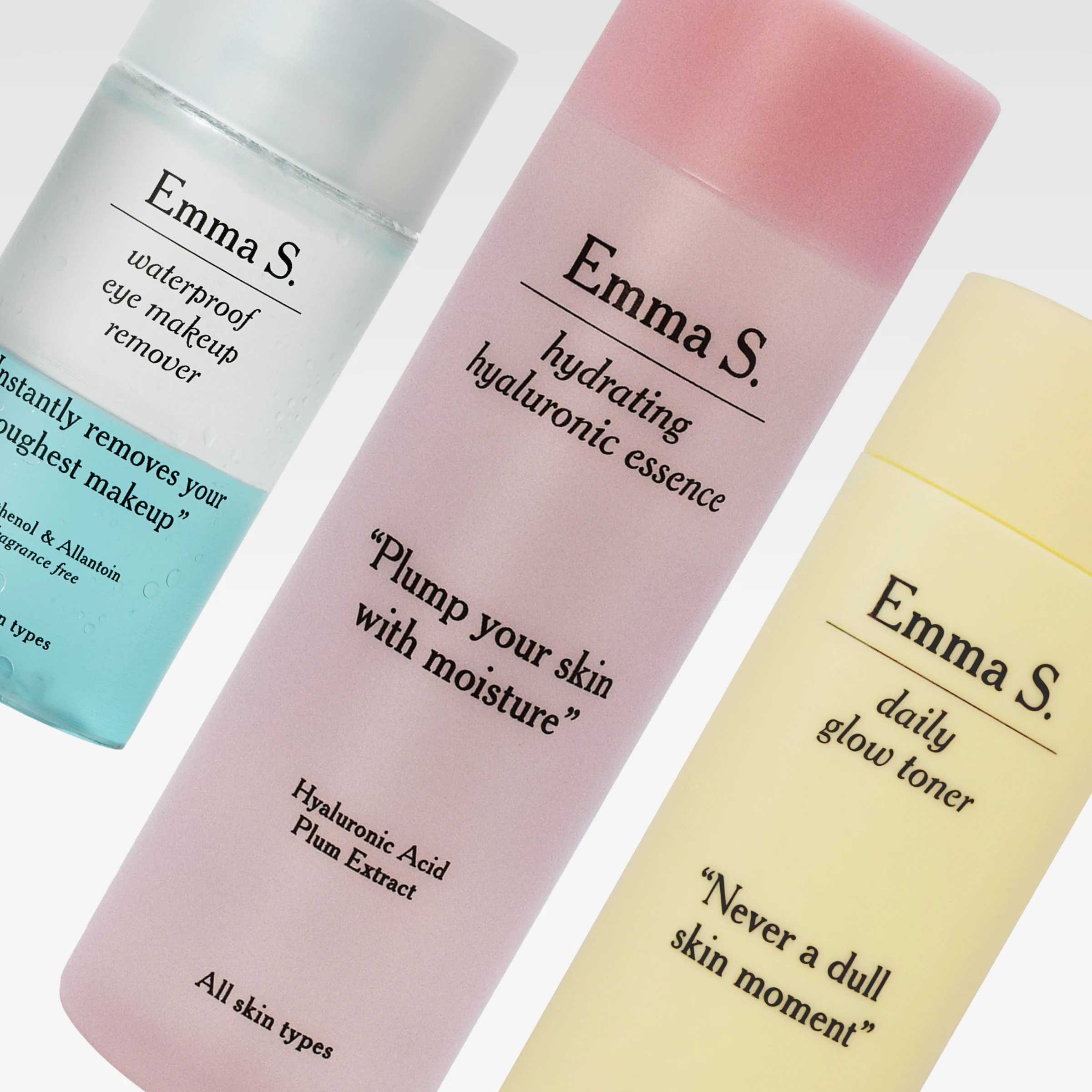 Emma S. hudvårdsprodukter i pastellfärgade flaskor med waterproof eye makeup remover, hydrating hyaluronic essence och daily glow toner mot vit bakgrund. Synlig text inkluderar “Plump your skin with moisture”, “Never a dull skin moment” och “All skin types”.
