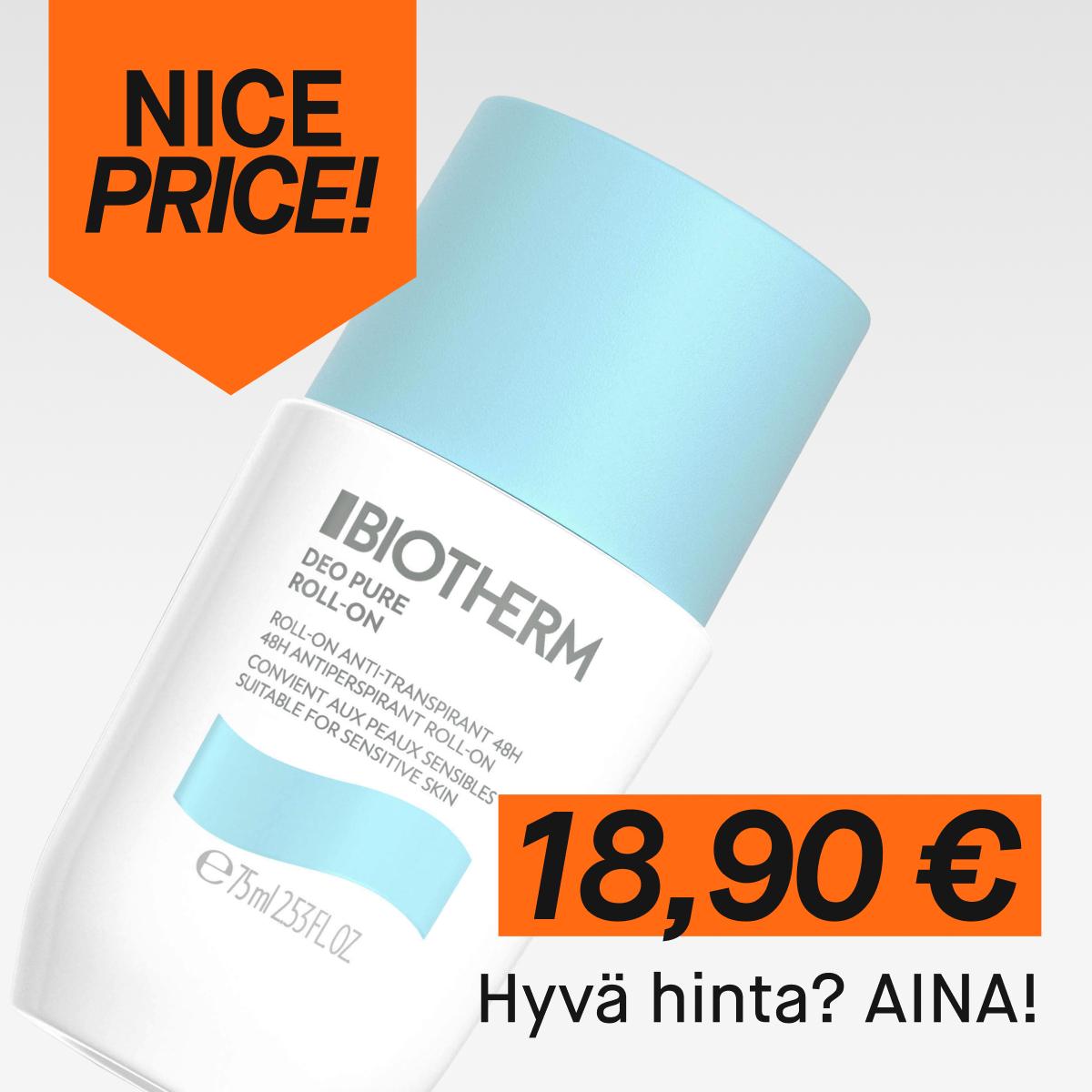 Biotherm Deo Pure Roll-On -deodorantti 75 ml herkälle iholle. Nice Price -tarjous, hinta 18,90 €.
