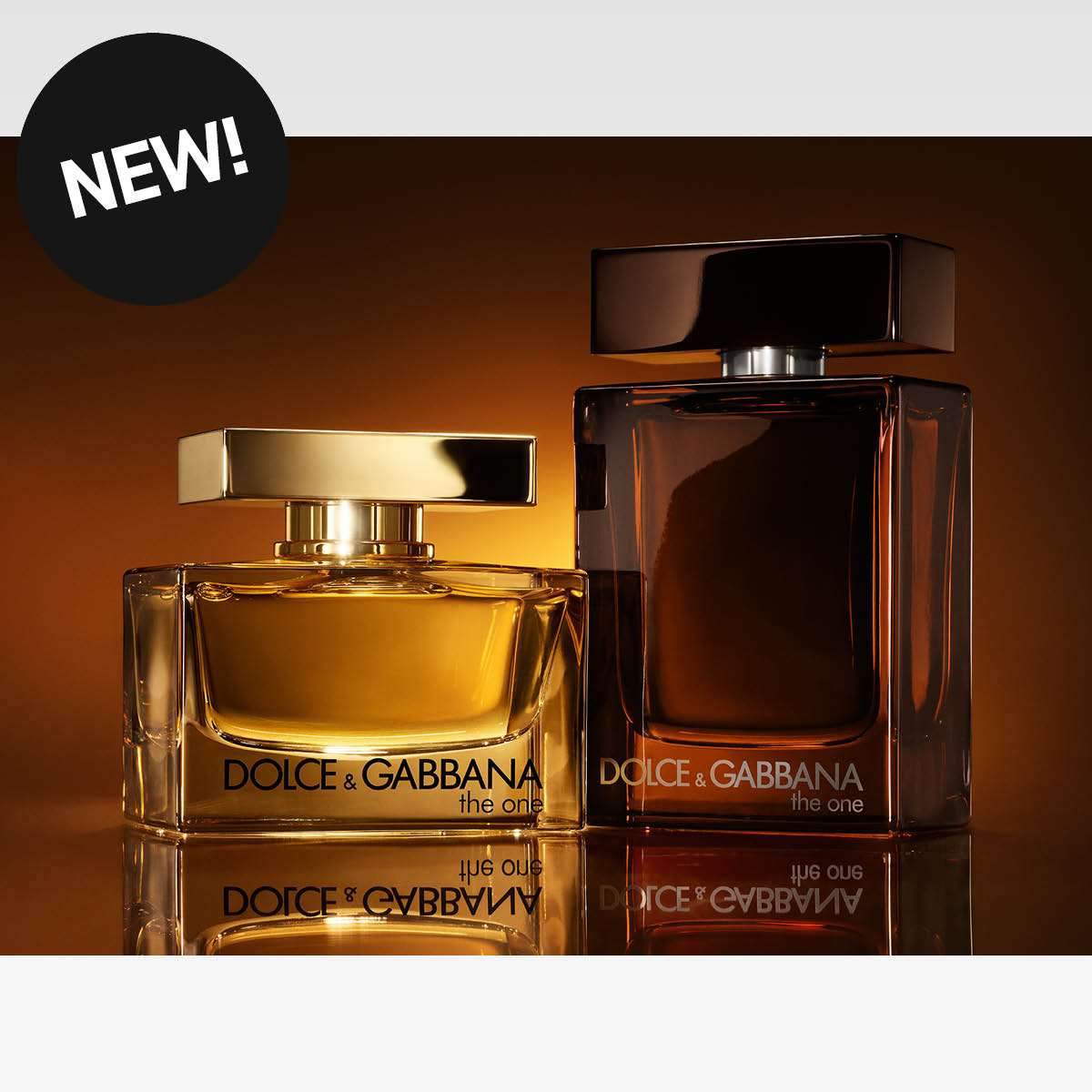 Två Dolce & Gabbana The One-parfymflaskor mot brun bakgrund, med texten NEW!